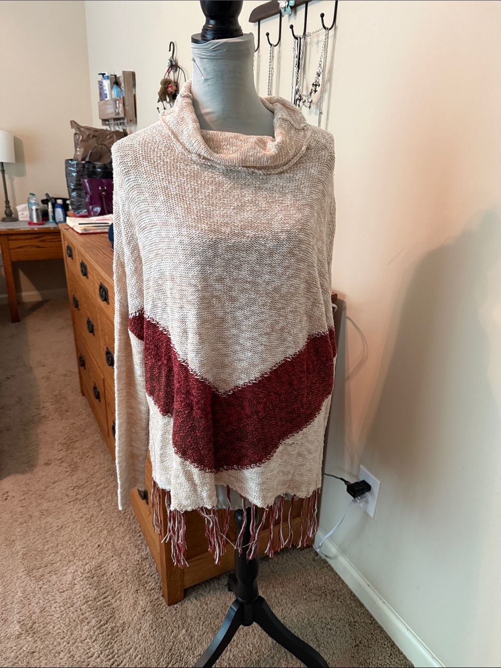 Mossimo Supply Co. Cream Cowl Neck Poncho Sweater with Burgundy Chevron